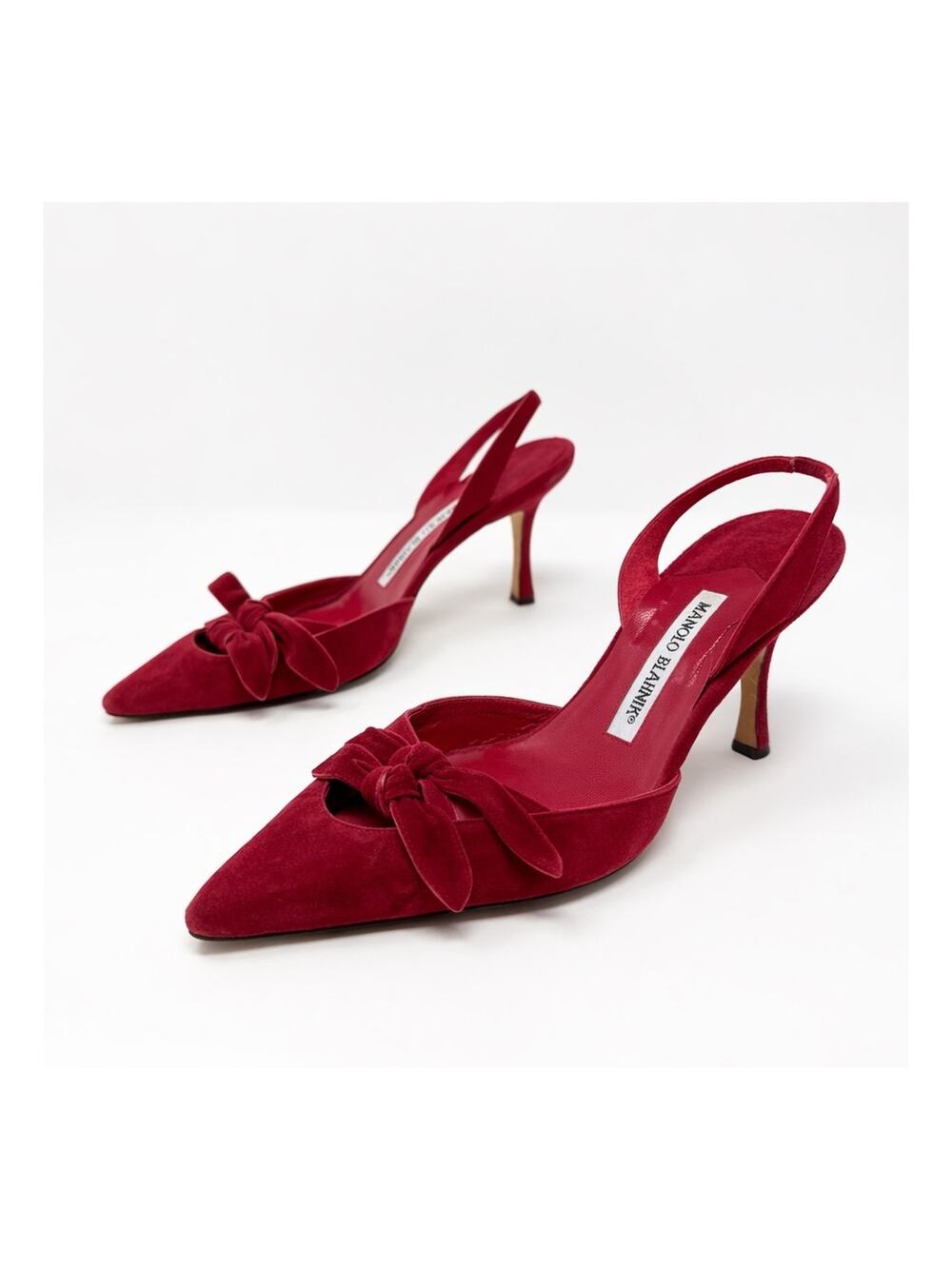 Manolo Blahnik Red Suede Bow Slingback Heels Womens Size EU 38
